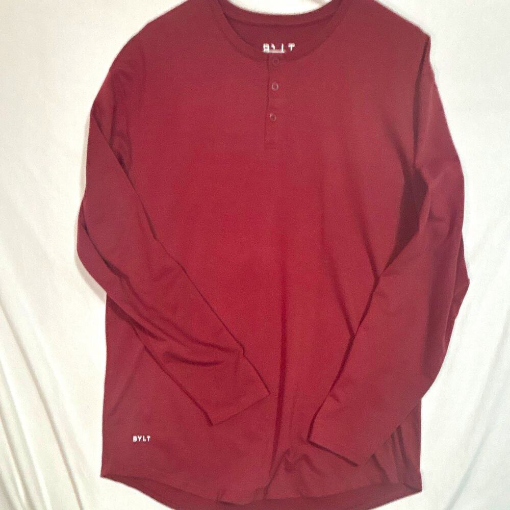 BYLT Basics Drop-Cut Henley Shirt Men's XL Burgundy Long Sleeve Logo Button